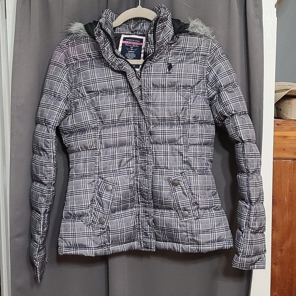 US Polo Assn. Girl's Puffy Jacket Coat Black White Plaid Removable Hood Sz M EUC
